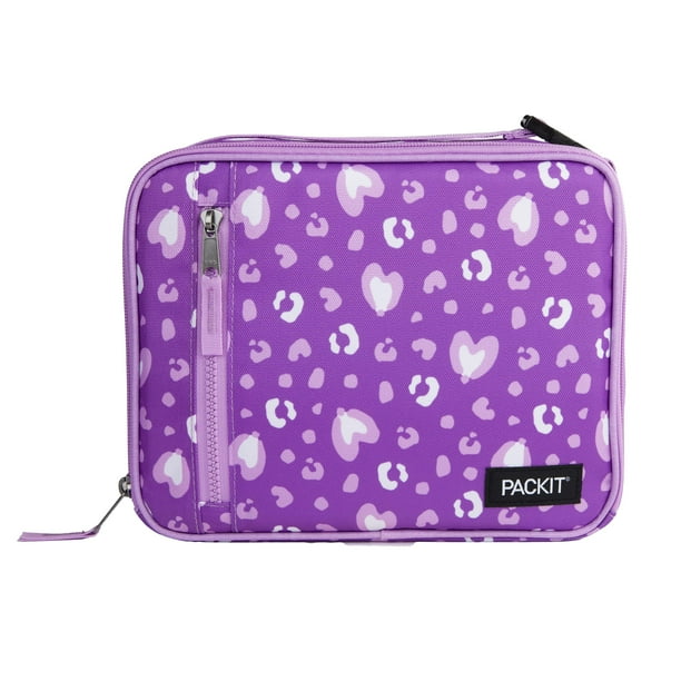 Lonchera PackIt, congelable, clásica, con forma de corazón de leopardo, color morado