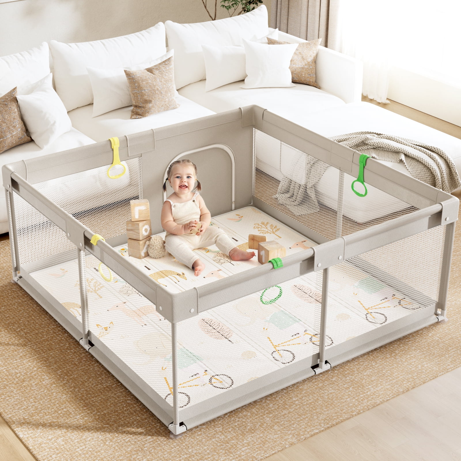 Pkinoicy Baby Playpen with Mat ，59 x59 In Playpen for Babies and Toddlers, Indoor & Outdoor Activity Center, Safety Baby Fence