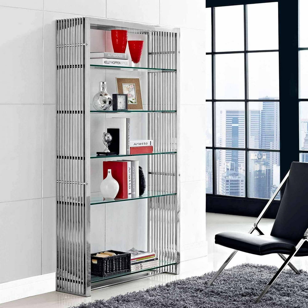 Modway Gridiron Stainless Steel Bookshelf with 5 Shelves in Silver