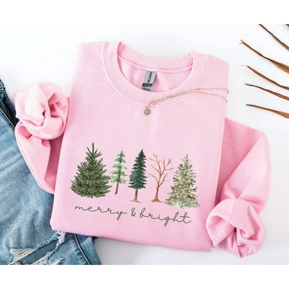 Merry & Bright Christmas Trees Sweatshirt, Christmas Sweatshirt, Holiday Sweater, Womens Holiday Sweatshirt, Christmas Shirt, Winter Shirt