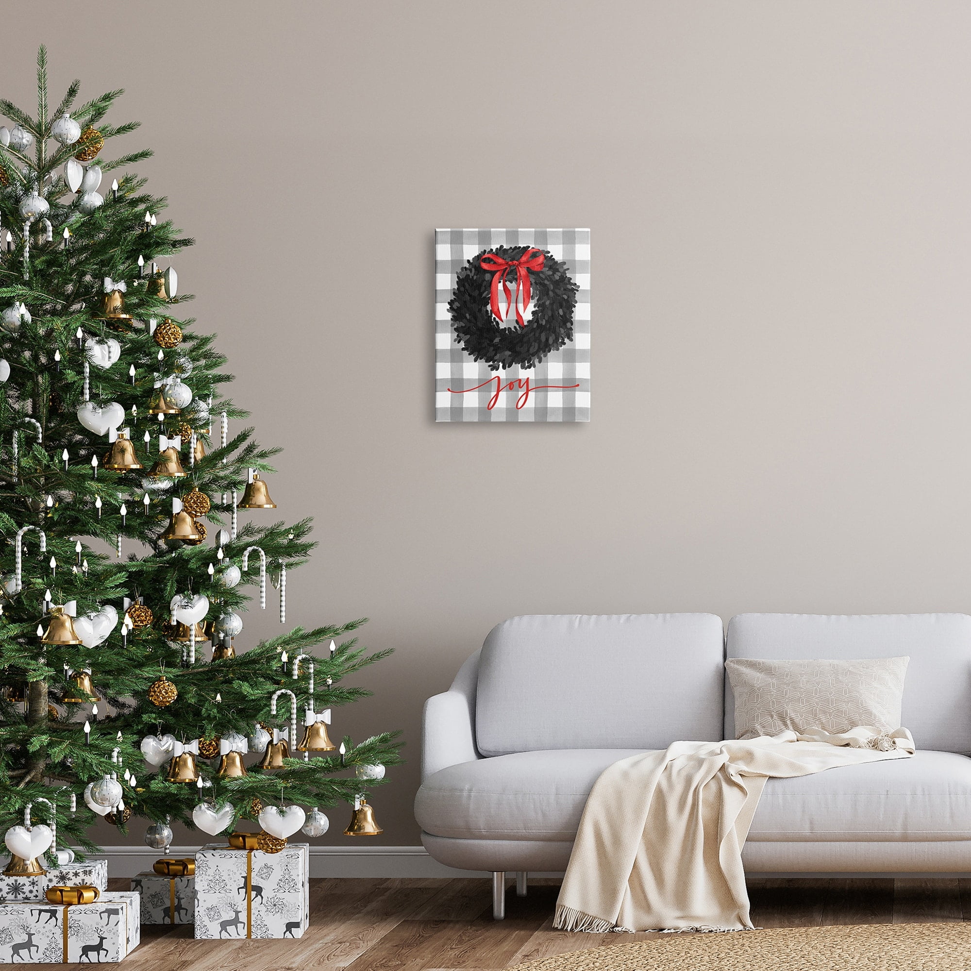 Joy Calligraphy Holiday Wreath Plaid Red Bow Botanical & Floral Graphic Art Gallery-Wrapped Canvas Print Wall Art