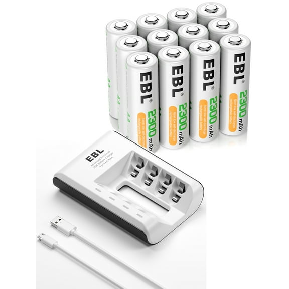 EBL Rechargeable AA Batteries, 12-Pack with Battery Charger