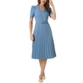 thumbnail image 2 of INSPIRE CHIC Women's Dress Work V-Neck Short Sleeve Below Knee Belted A-Line Pleated Dress S Blue Grey, 2 of 5