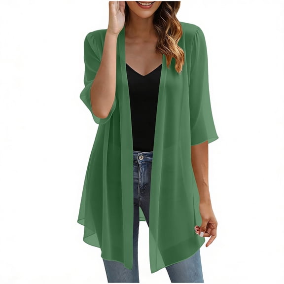 Vivianyo HD Women's 3/4 Sleeve Open Front Chiffon Cardigan, Lightweight Sheer Casual Cover Up, Women's Army Green, Sizes S-2XL