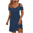 thumbnail image 7 of Uscallm Women's Off Shoulder Short Sleeve Mini Dresses Solid Boho Casual Travel V Neck Summer Club Beach Sundresses, Navy S, 7 of 7