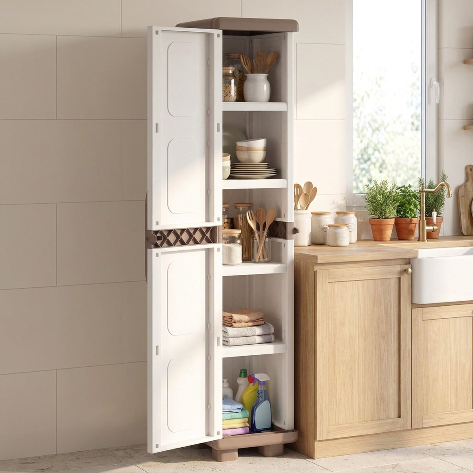 Furnibear Plastic Kitchen Pantry with 4 Adjustable Shelves and Single Door for Living Room and Kitchen for Living Room Bedroom Kitchen, Beige