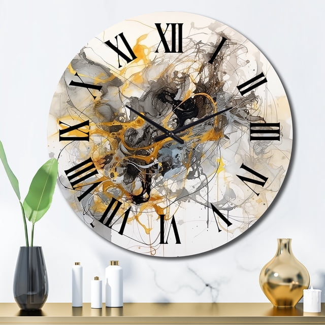 Designart "Marble Symphony in Yellow and Grey I" Abstract Oversized Wall Clock