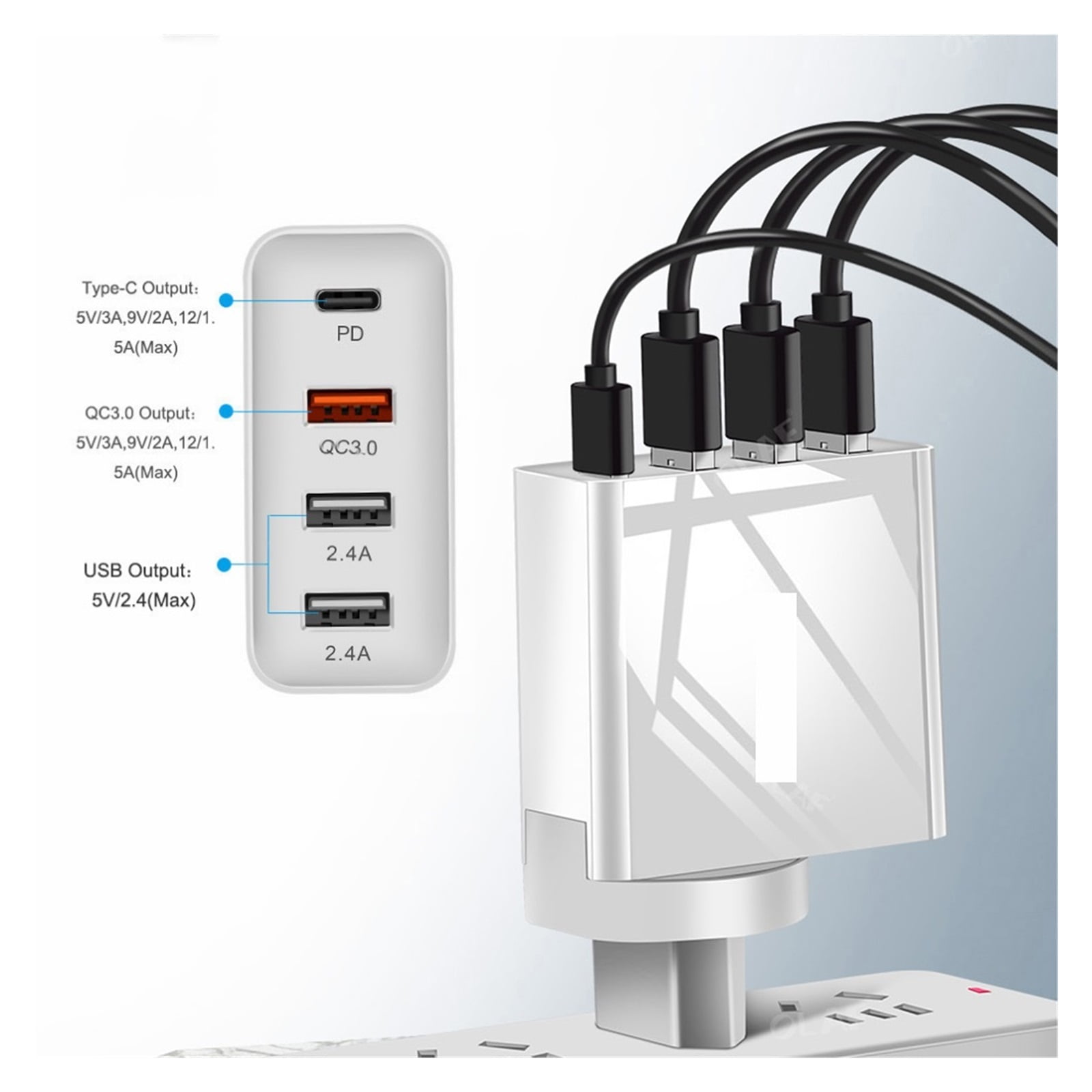 48W Multi Quick Charger PD Type C USB Charger Adapter QC 3.0 Fast Wall Charger ,No More Cable Clutter