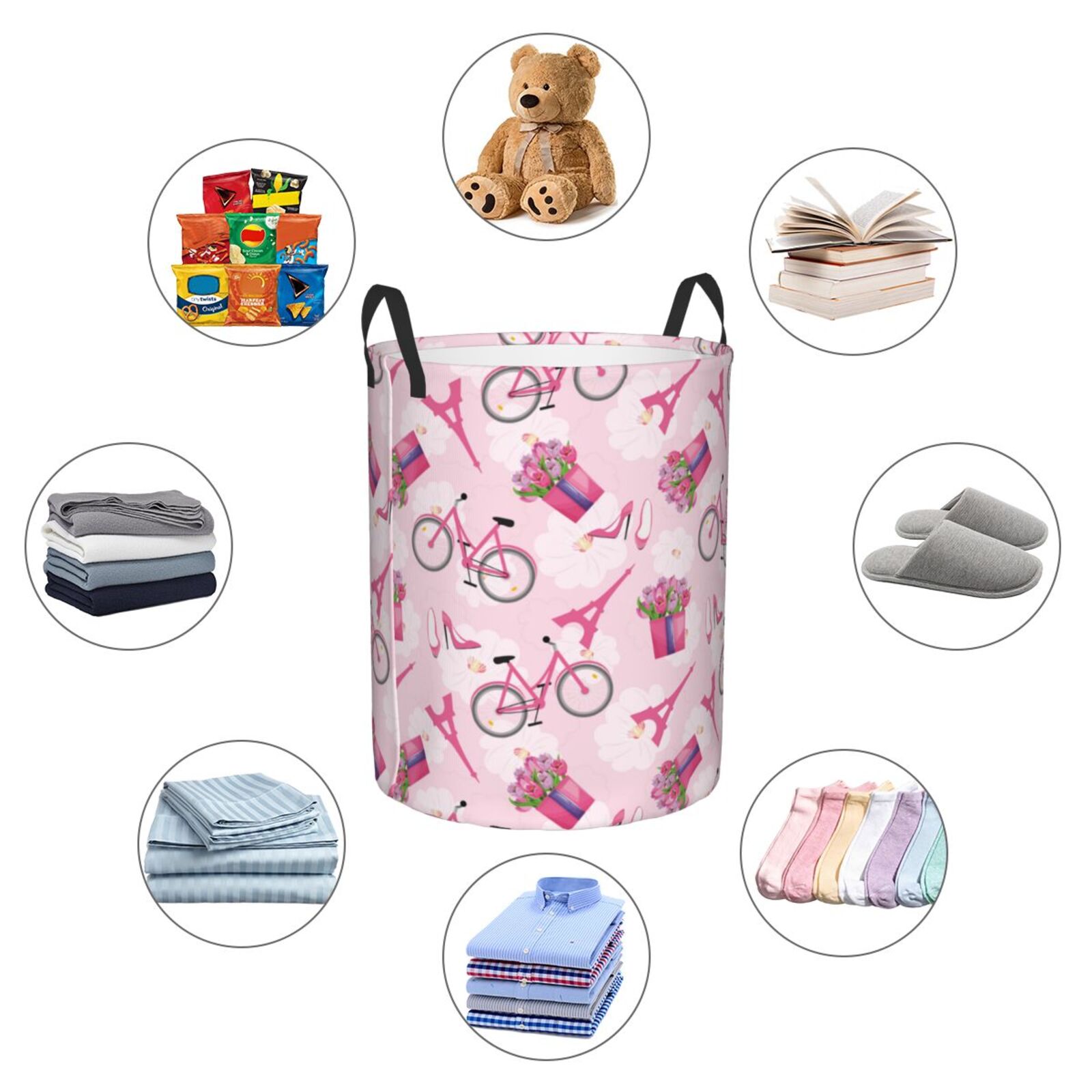 Large Laundry Basket with Handles - Tower flower pink Kids Baby Dirty Clothes Laundry Hamper for Bedroom Aesthetic