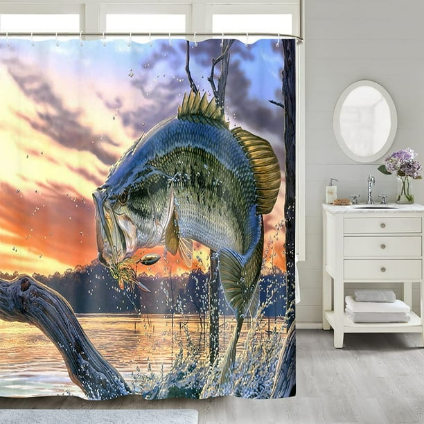 Rustic Cabin Shower Curtain Fishing Shower Curtain Natural Scenery Lake House Shower Curtain for