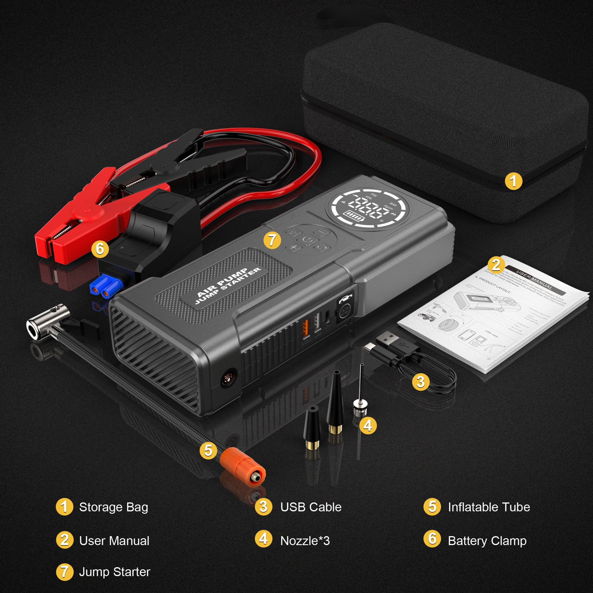 GPED Jump Starter with Air Compressor, 4000A 150PSI Portable Car Battery Jump Starter (All Gas/10L Diesel), 12V Jump Box Car Battery Jumper Starter with LCD Display & Jumper Cables, Emergency Light