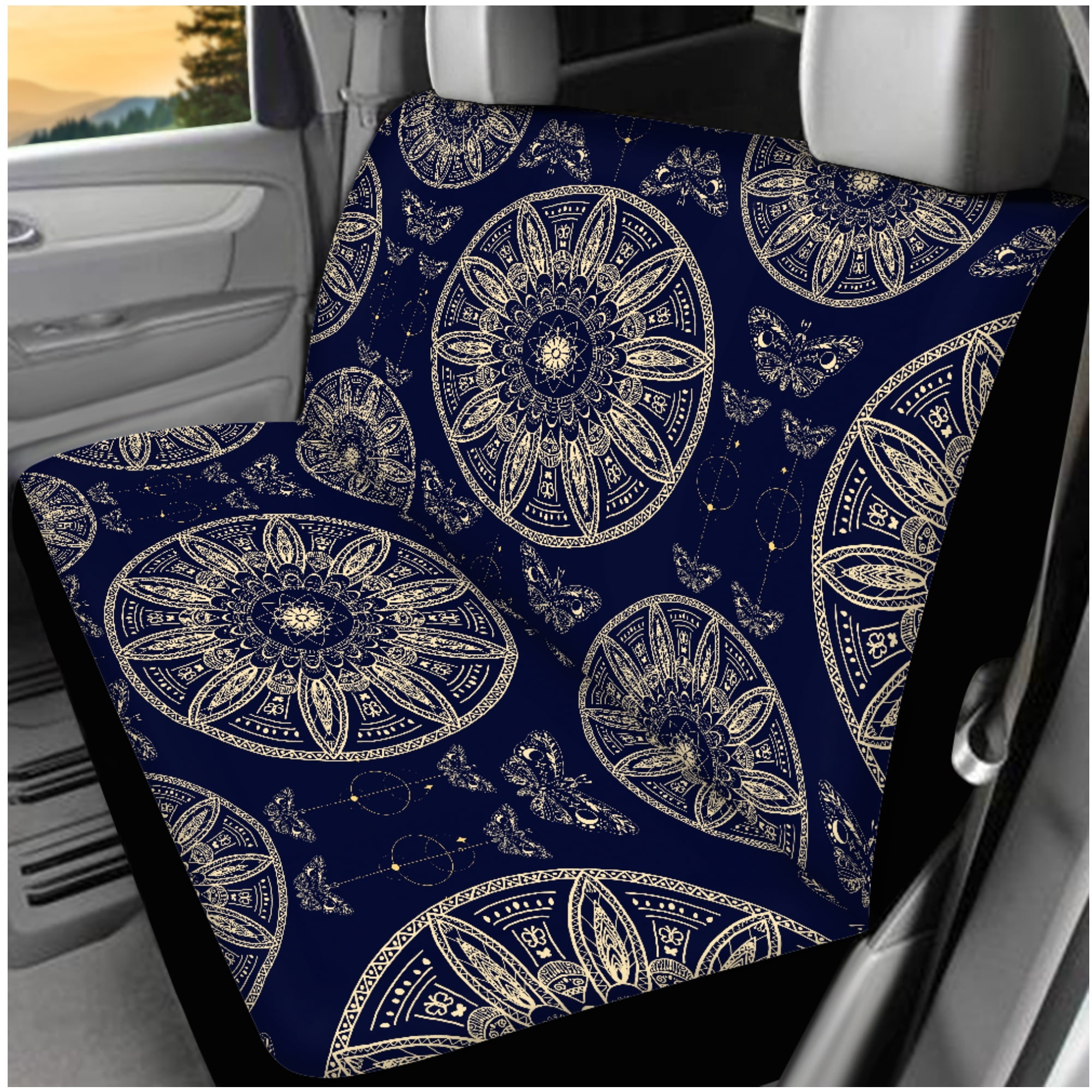 Jeiento Boho Mandala Flower Car Seat Cover Set of 14 Steering Wheel Cover Seat Belt Pad Car Headrest Cover Coaster Armrest Cover Keychain Fit for Truck Sedan Van SUV Interior Auto Accessory