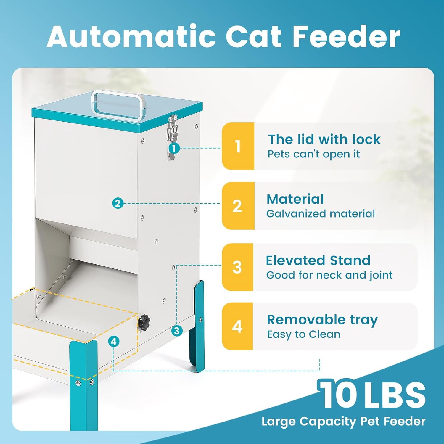 Automatic Cat Feeder 10L Gravity Dog Food Dispenser with Stand Removable Tray Raised Pet Feeder for Cats Dogs