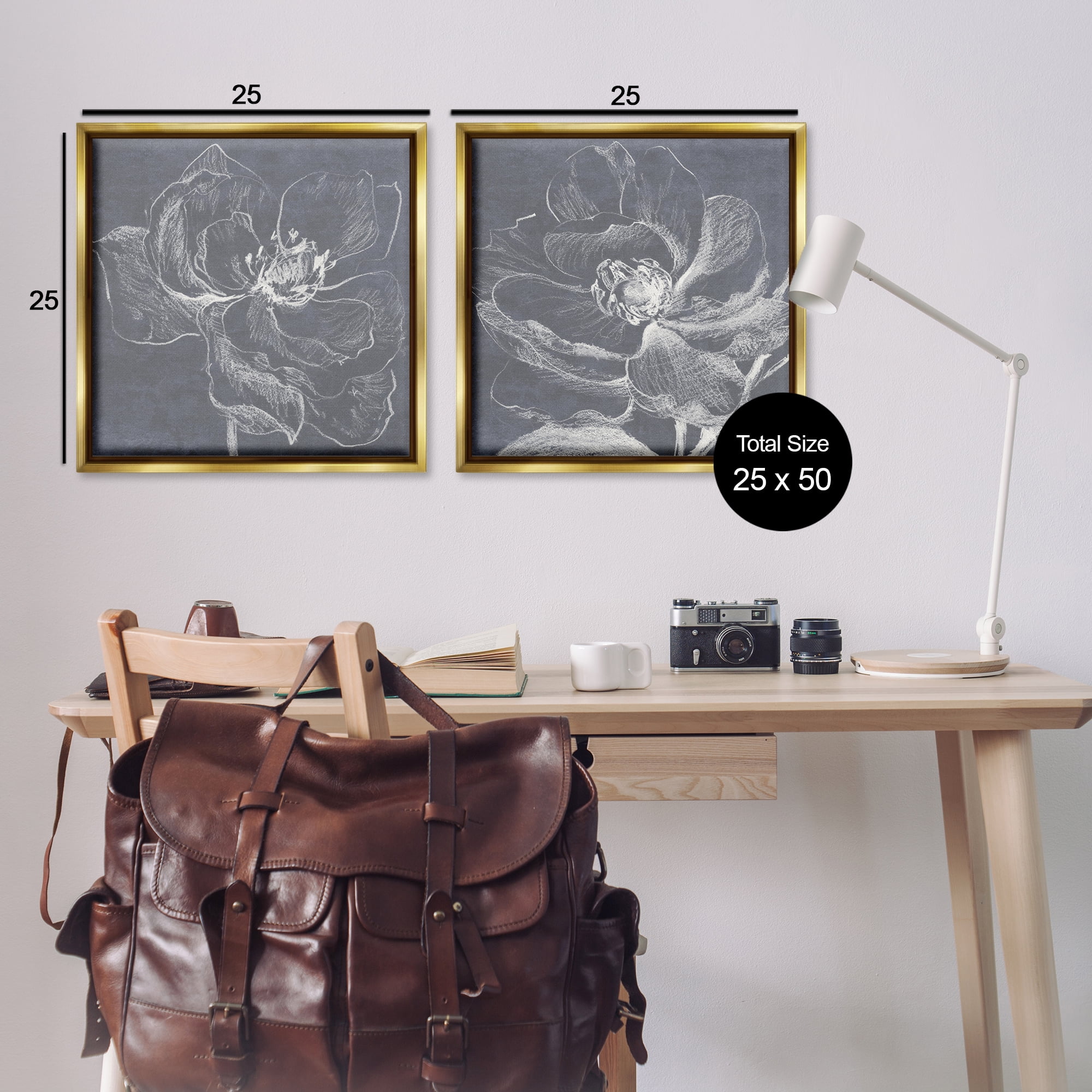 Stupell Industries Chalkboard Magnolia Blossom Plants & Flowers Drawing Gold Floater Framed Canvas Art Print Wall Art, 25 x 25, Set of 2