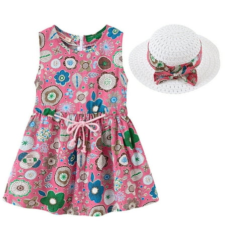 

Rovga Toddler Girl Dresses Kids Baby Spring Summer Floral Sleeveless Hat Princess Dress Clothing Kids Clothing