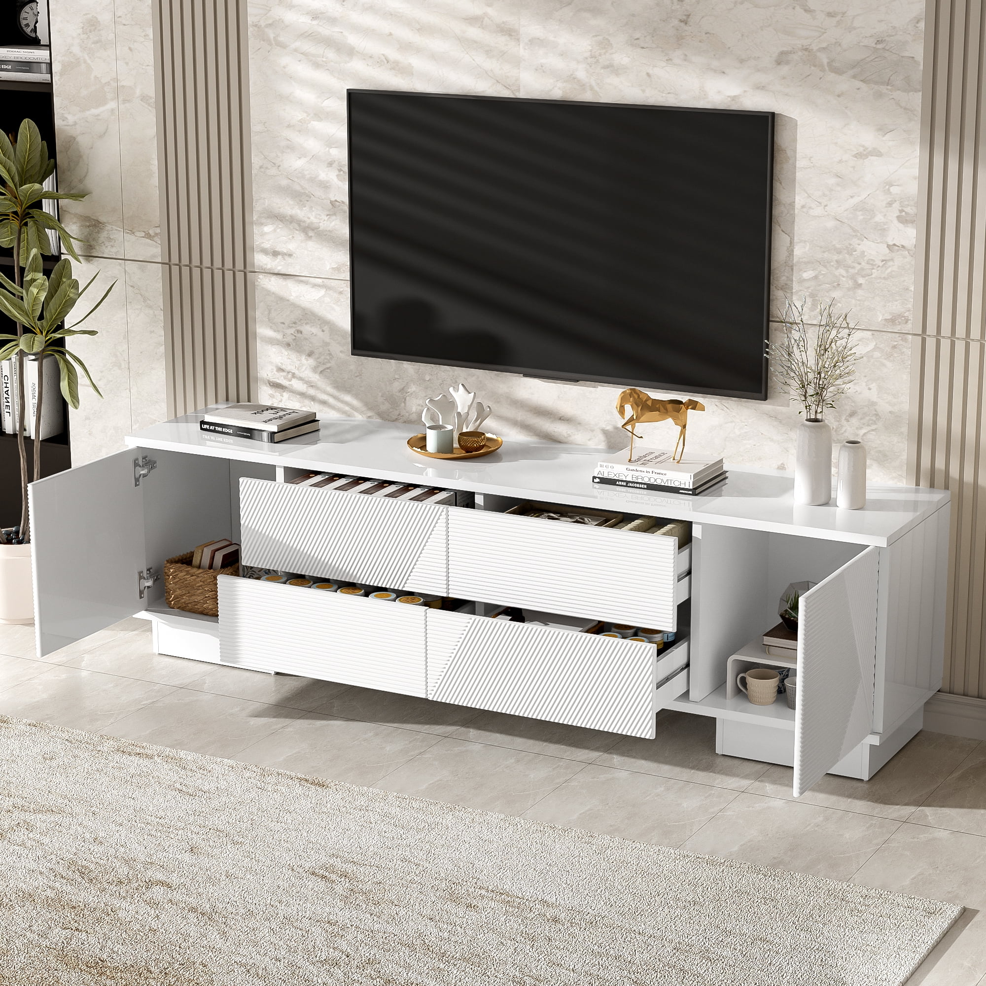 Euroco 70.8'' Modern TV Stand for TVs up to 75 Inches, Entertainment Center with Storage Cabinets, 4 Drawers and a Metal Center Leg, Minimalist Modern Media TV Console Table