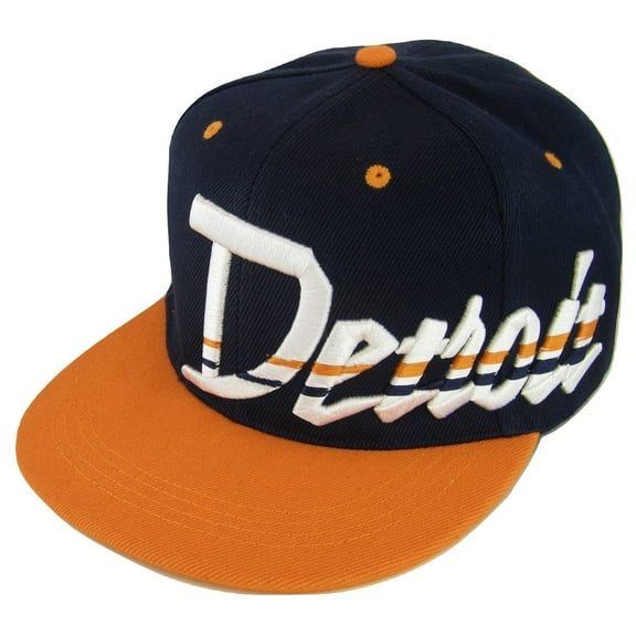 Detroit Offset Jagged Script Adult Size Adjustable Snapback Baseball Cap (Navy/Orange)