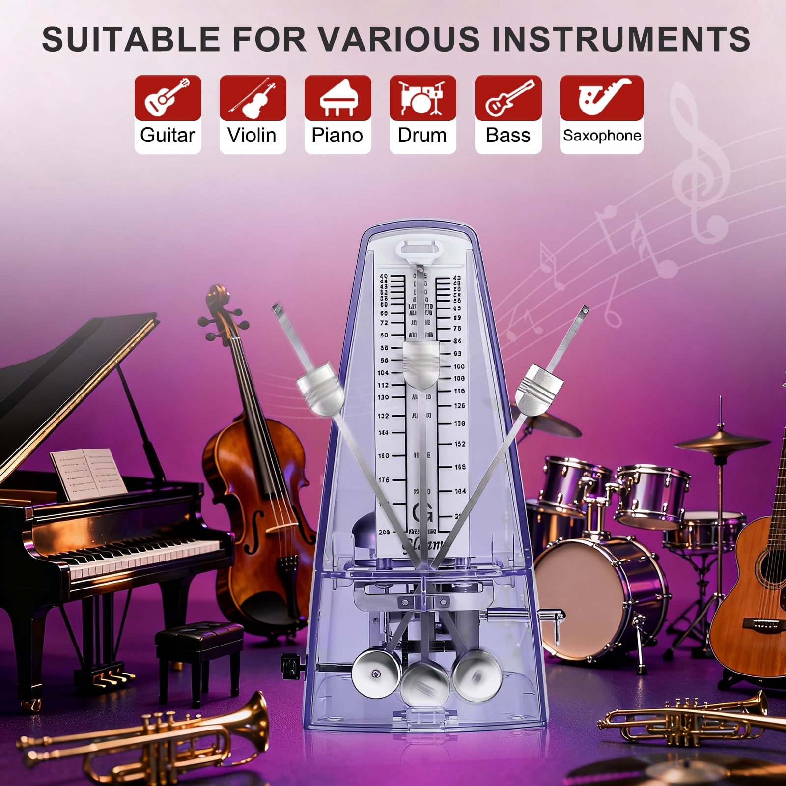 Uxcell Mechanical Metronome, Metronome for Piano, Guitar, & Other Instruments, Loud Sound and High Precision Track Beat for Beginners,Transparent Purple