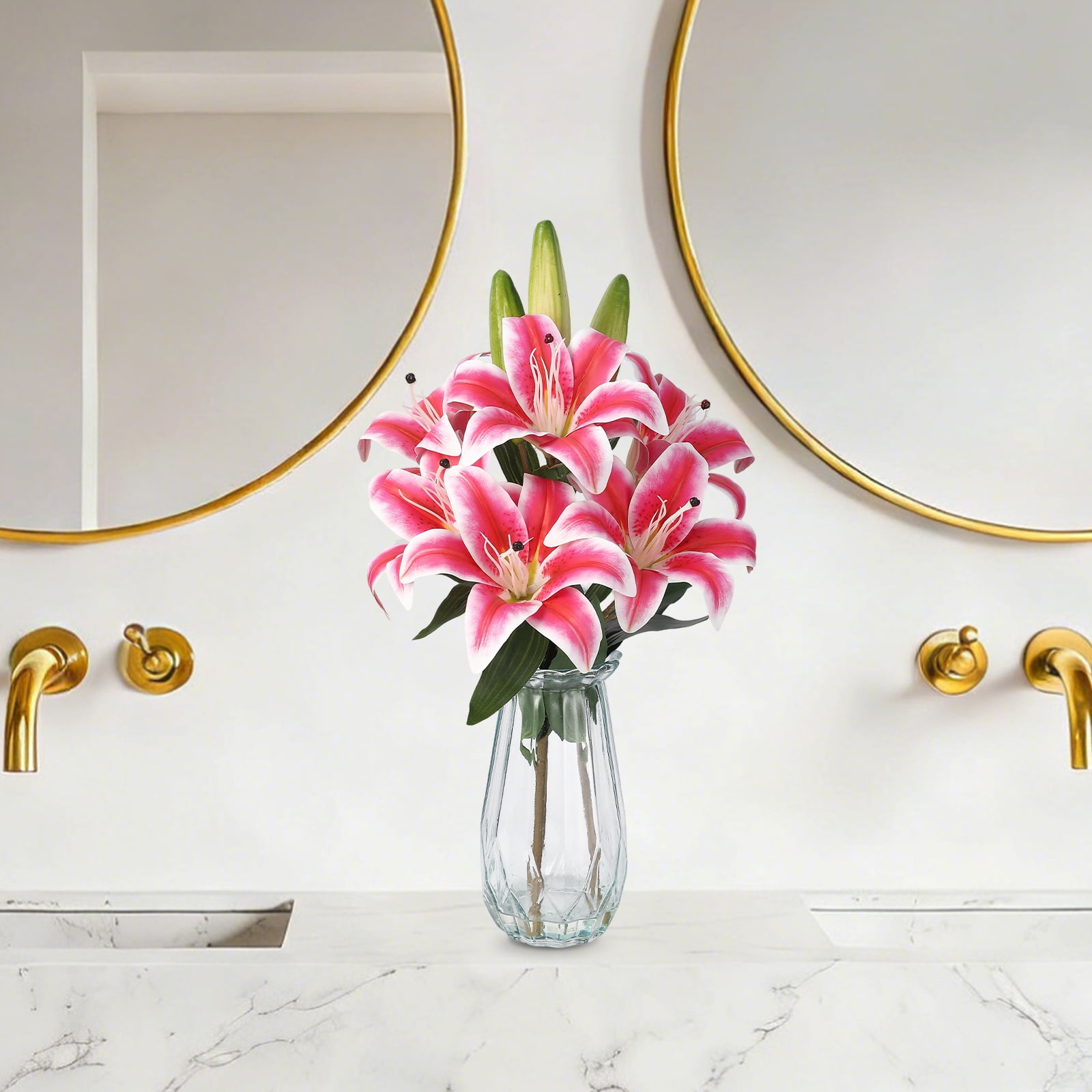 6 Pcs Artificial Tiger Lily Real Touch Easter Lily Fake Spring Flowers with Vase, for Indoor Outdoor Home Decor, Wedding Centerpieces, Cemetery Memorial Flowers