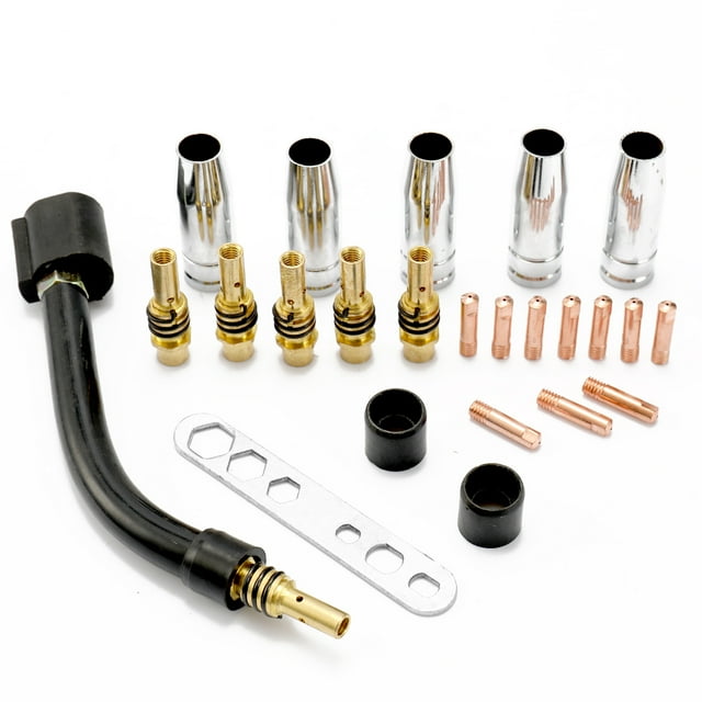 Graflsoa 15AK MIG Welding Torch Accessory Kit with M6 Tips, Link Rods, Protective Cups, Insulating Sleeves, Goose Neck Bend, and Wrench, 0.6mm Caliber, Durable and Easy to Install