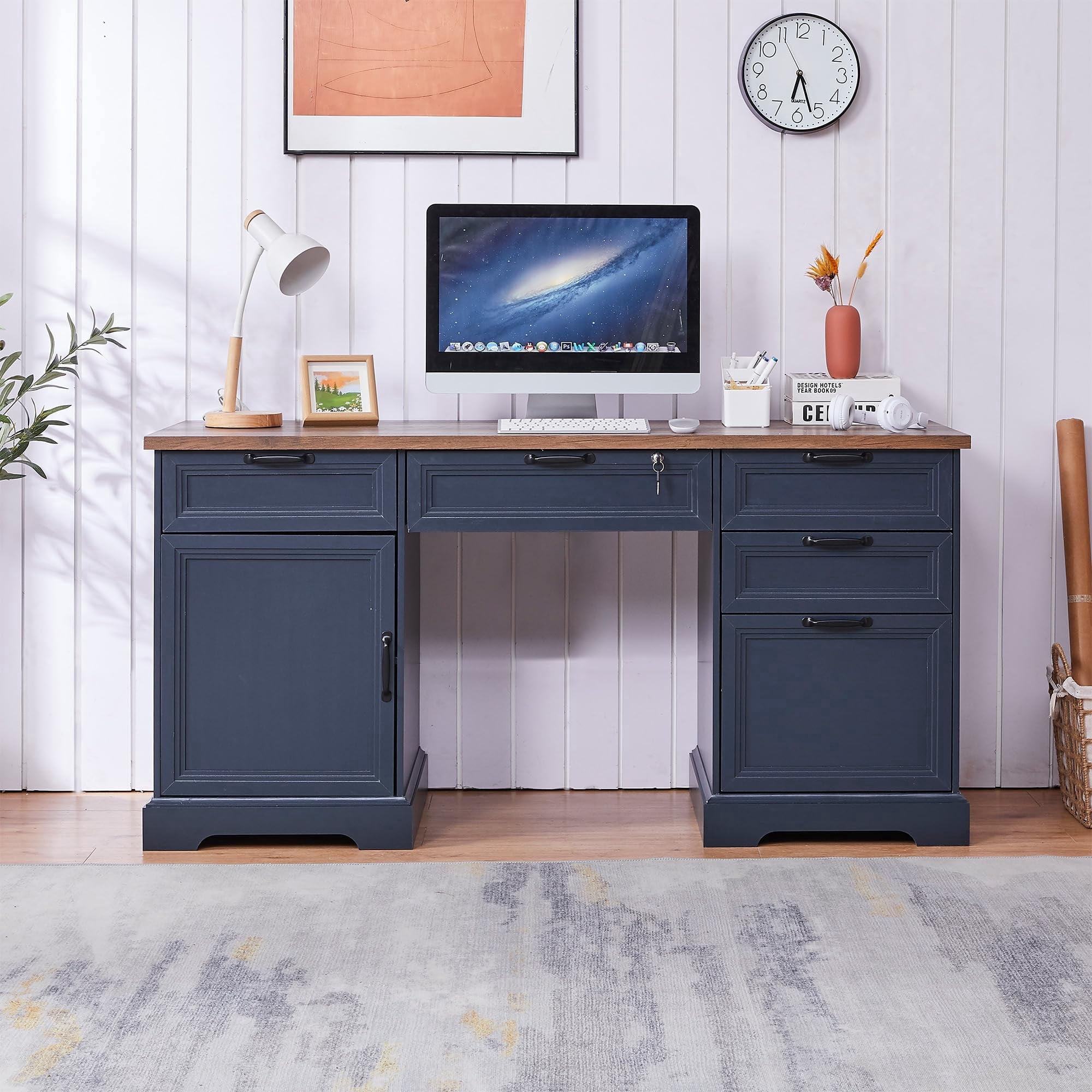 Haooyeah Farmhouse 60 Inch Wood Executive Desk with Built‑in Filing Drawers and Charging Station, Blue