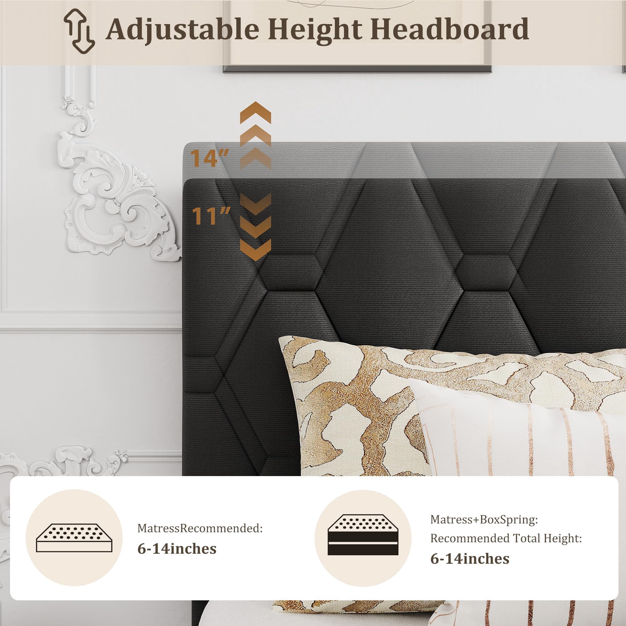 Full Size Platform Bed Frame with Adjustable Upholstered Headboard, Modern Bed Frame with Wooden Slats Support