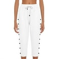 thumbnail image 4 of Linen Pedal Pushers for Women Lightweight Summer Side Buttons Linen Capri Pants Casual Elastic Waist Gauze Pants 2026 White XL, 4 of 5
