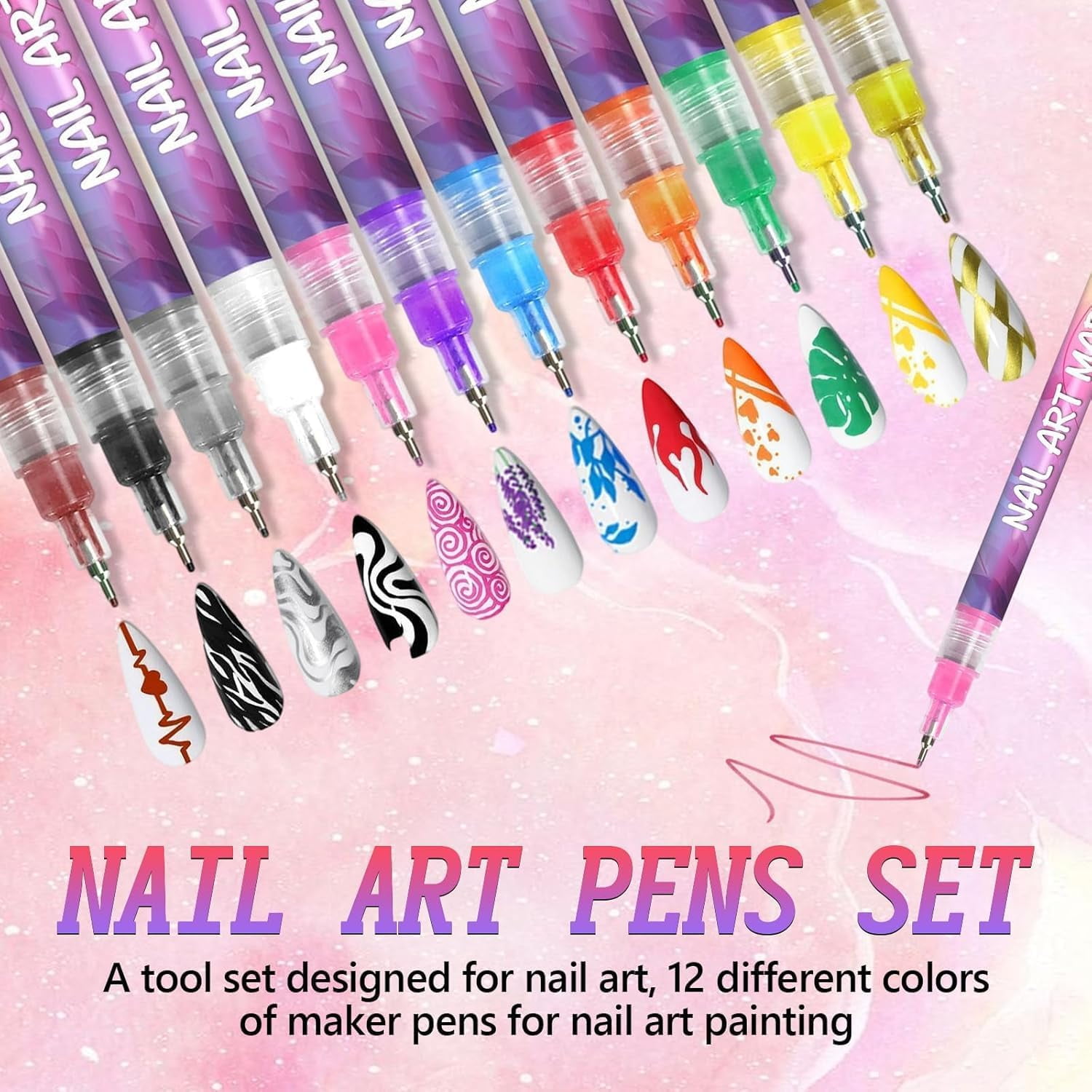 12 Colors Nail Art Marker Pens Set, Nail Markers for Nail Art, Suitable for Nail Art, Nail Painting, And Artistic Decorations; Suitable for everyone