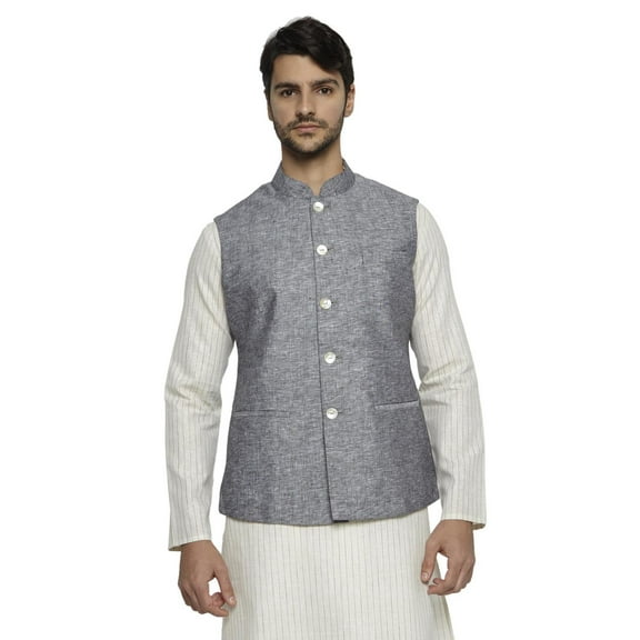 Ethnix Men's Handmade Banded CollarPure Cotton Linen Nehru Jacket Vest; Steel Gray; XS