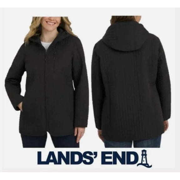 Lands’ End Women’s Quilted Hooded Jacket, Lightweight Warm Casual Coat, Black, Size XS