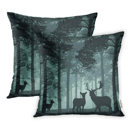 YWOTA Green Pine Deep Forest Deer Doe and Fawn Woods Abstract Pillow Cases Cushion Cover 16x16 inch