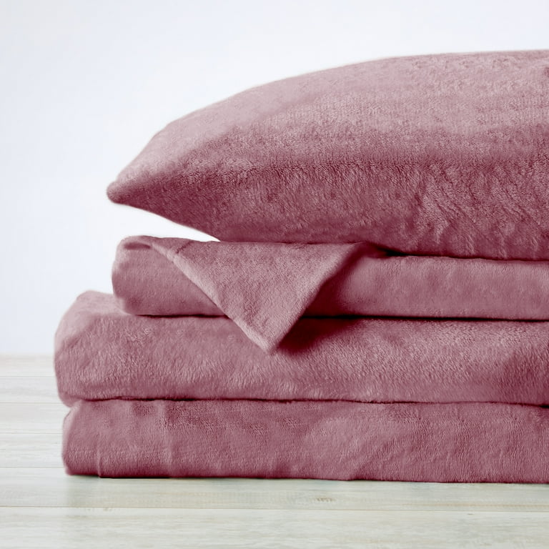 Great Bay Home Solid Velvet Plush Warm and Cozy Fleece Sheet Set Twin Rose