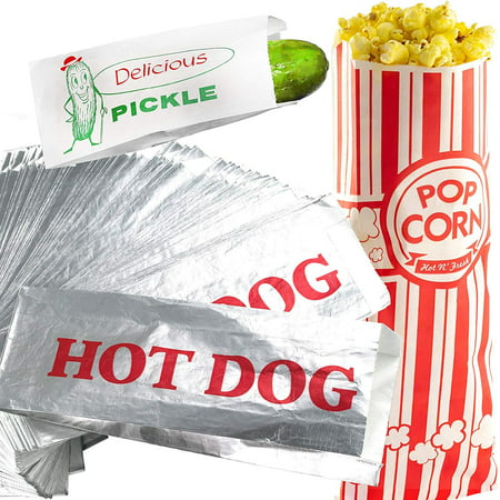 Classic Look Pickle, Hot Dog and Popcorn Bags 50 Pack by Avant Grub. Turn Your Party into a Vintage Carnival with a Snack Bag Trio for Favors or Treats. Great for Themed