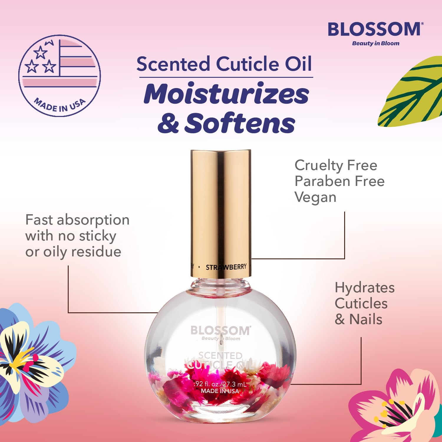 Blossom Strawberry Scented Cuticle Oil, Hydrating, Moisturizing, Strengthening, Infused with Real Flowers, 1 fl. oz.