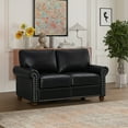 thumbnail image 2 of PU Leather 2 Seater Soft Chair with Nailhead Trim, Classic Couch with Brown Wooden Legs and Thick Cushion, Black Faux Leather Loveseat Sofa for Living Room, Office, Apartment, 2 of 7