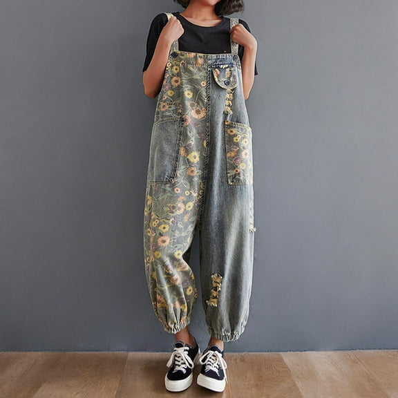 Women's Retro Vintage Embroidery Ripped Jeans With Belt And Baggy Linen Pants Evening Suit Womens Rompers Casual Junior Body Suit Zip up Jumpsuit Womens Suit Wide Leg Long Sleeve Body Women S Jumpsuit