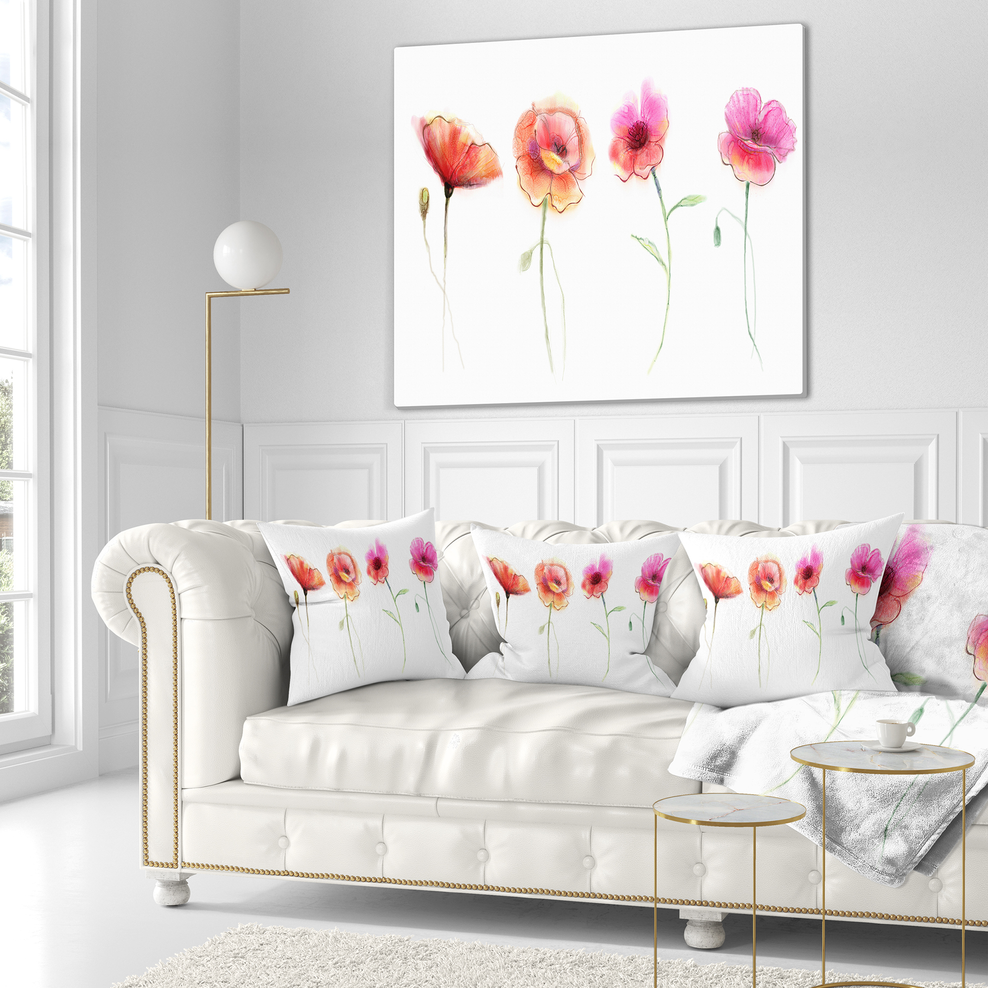 Designart Watercolor Poppy Flowers Sketch - Flower Throw Pillow - 16x16