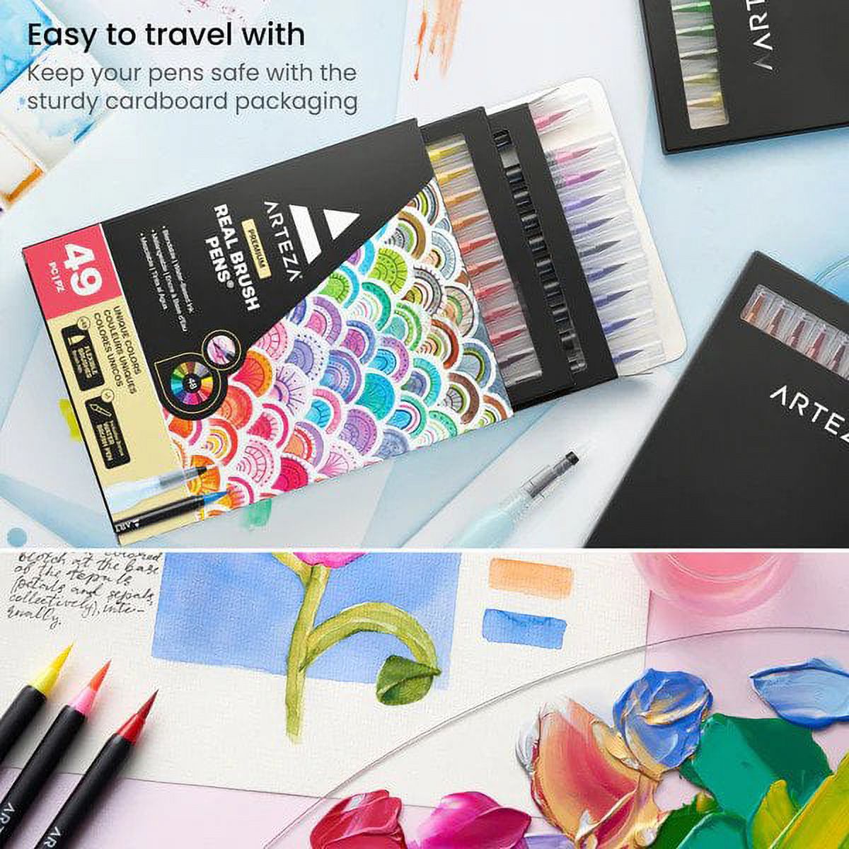 Arteza Blendable Ink Real Brush Tip Artist Brush Pens Set, Assorted Colors,  Non-Toxic 48 Pack