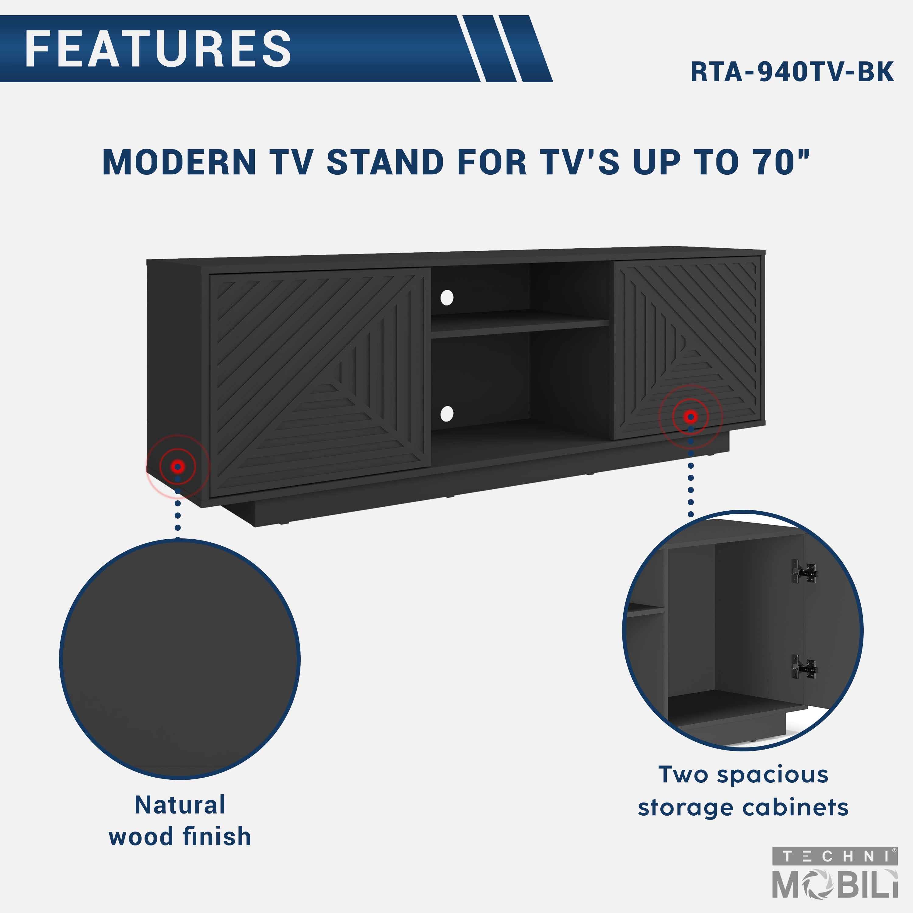 Techni Mobili Modern TV Stand for TV’s up to 70” with 2 Storage Cabinets with Patterned Doors, Black RTA-940TV-BK