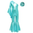 thumbnail image 3 of TSSOE Girls Metallic Romper Jumpsuit One Shoulder Flare Bell-Bottom Pants Bodysuit with Hair Scrunchies Blue Green 16, 3 of 5