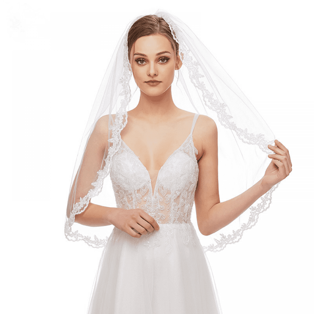 One Blushing Bride Simple Fingertip Length Wedding Veil, Soft Single Tier Bridal Veils White / 35-38 Inches