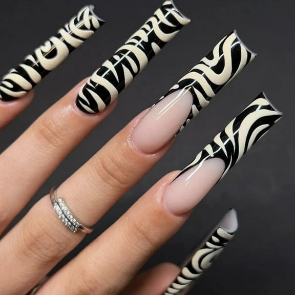 Yoyauz Coffin Pressed Nails Fake French Nails Full Coverage Acrylic Fake Nails for Ladies & Girls 24PCS(Zebra print)