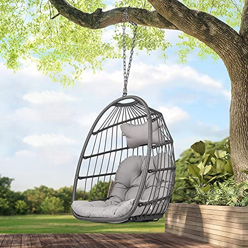 RADIATA Foldable Wicker Rattan Hanging Egg Chair Without Stand Swing Chair with Cushion and Pillow Lounging Chair Hammock Chair for Indoor Outdoor Bedroom Patio Garden Grey Without Stand Walmart