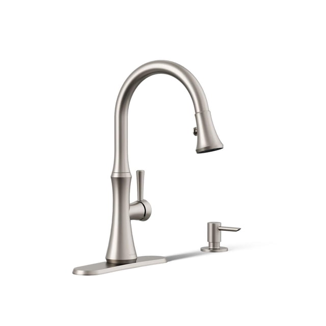 Kohler R28706-SD-VS Kaori grifo de cocina monomando con rociador desplegable y dispensador de jabón de acero inoxidable vibrante