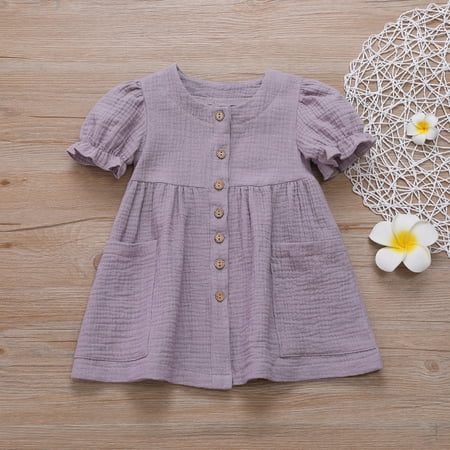 

Tking Fashion Toddler Kids Baby Girls Solid Linen Ruffled Princess Casual Dress Clothes Purple 80