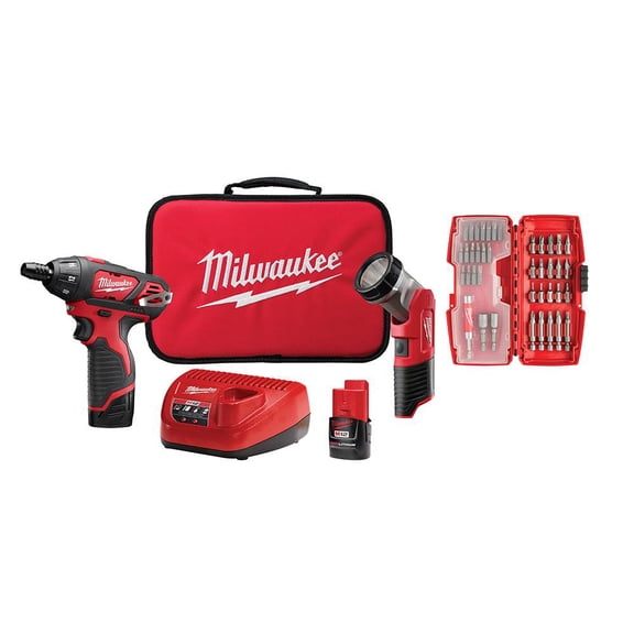 M12 12V Lithium-Ion Cordless 1/4 in. Hex Screwdriver/LED Worklight Kit with (2) 1.5Ah Batteries,Bit Set & Bag