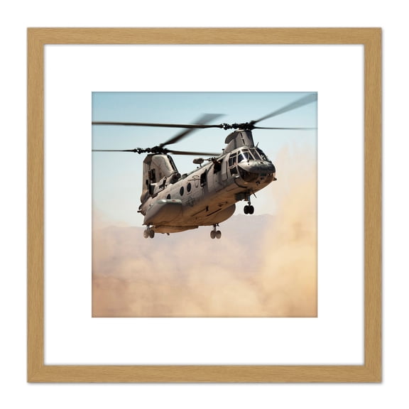 Military USA Marine Corps Helicopter CH-46E Sea Knight Photo 8X8 Inch Square Wooden Framed Wall Art Print Picture with Mount