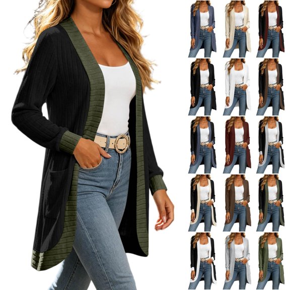 Tqcoqu Cardigan Sweaters for Women Long Sleeve Open Front with Pockets,Dressy Loose Fit Cardigan Sweater for Work and Office