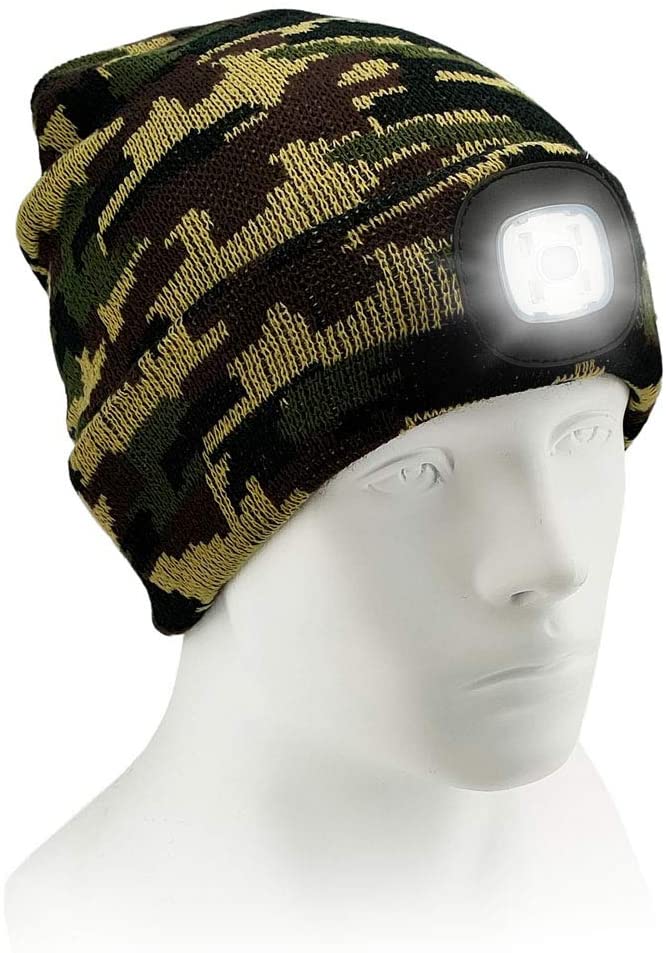 Morttic Unisex LED Beanie Hat with Light, USB Rechargeable Headlamp Beanie,  Gifts for Dad Father Men Husband Warm Knitted Cap (Camouflage Green) 