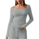 thumbnail image 3 of Top corto,Camiseta informal de manga larga con cuello cuadrado para mujer, jersey de poliéster, color liso, cómoda para uso diario, sopatenor, 3 of 9